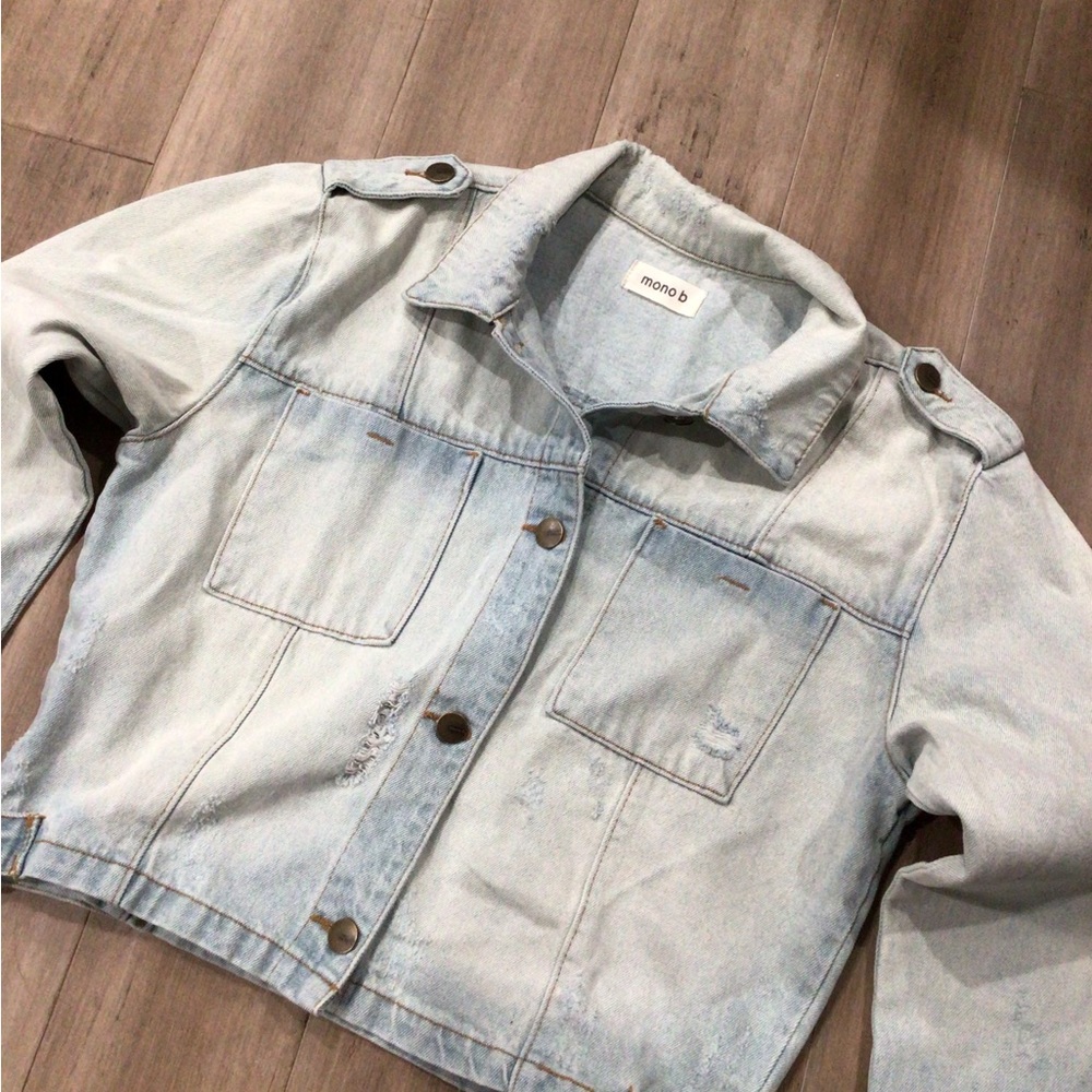 Mono B Vintage Light Wash Cropped Denim Jacket Oversized Streetwear Distressed - Picture 4 of 6